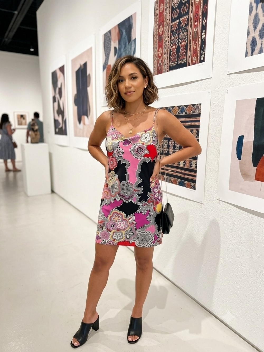 Natori Pink Black Multicolor Floral Slip Mini Dress